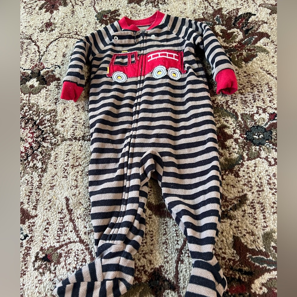 Carters Fleece Boys Fire Truck Onesie Zip up Pajamas footies